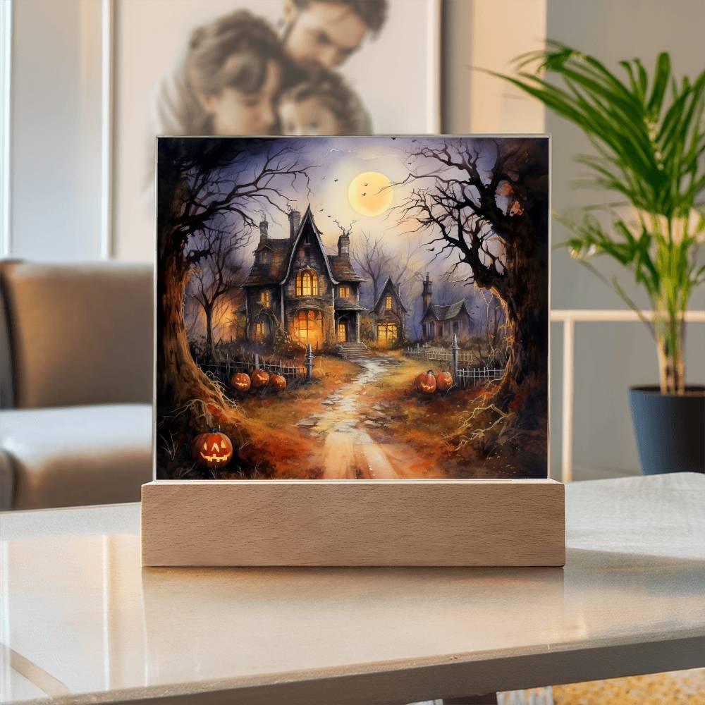 Ghostly Manor: Halloween Acrylic Square Plaque with LED Lighted Wooden Base - Mallard Moon Gift Shop