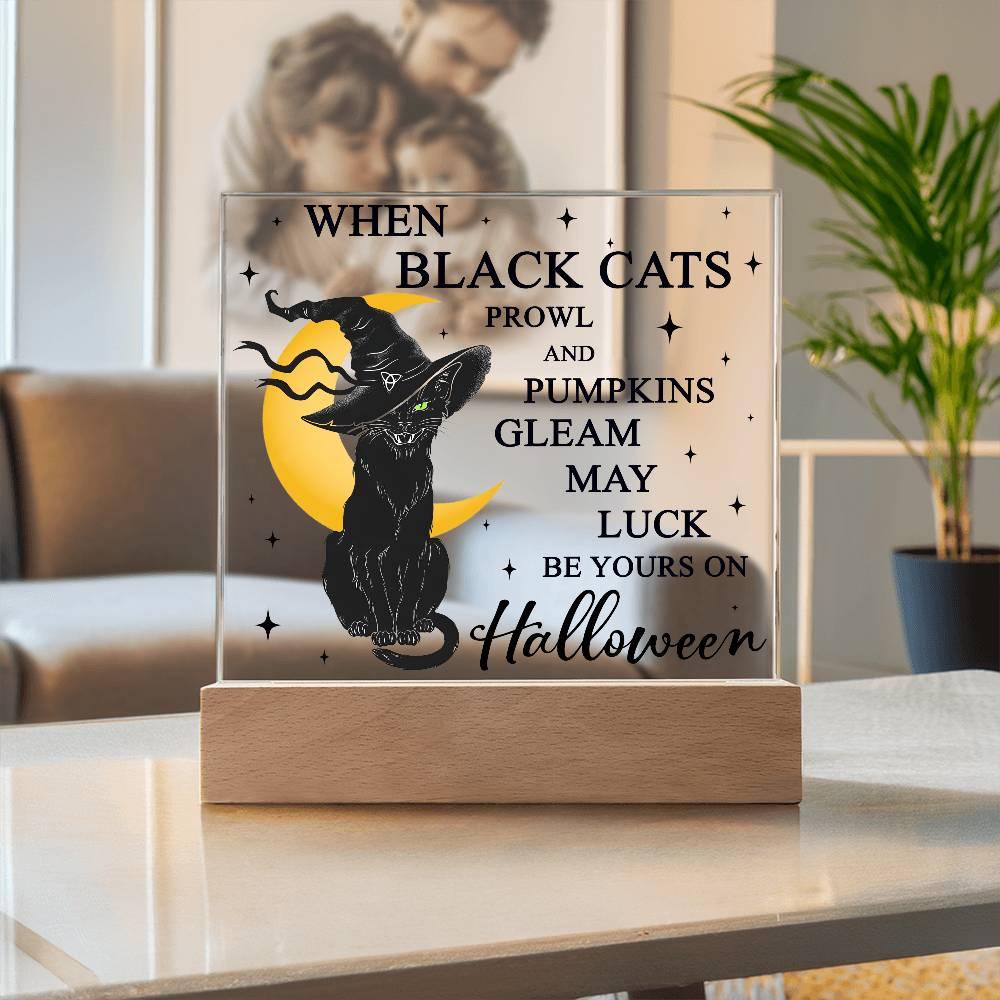 Halloween Decor - Black Cats and Pumpkins Gleam Acrylic Square Plaque with LED Wooden Base - Mallard Moon Gift Shop