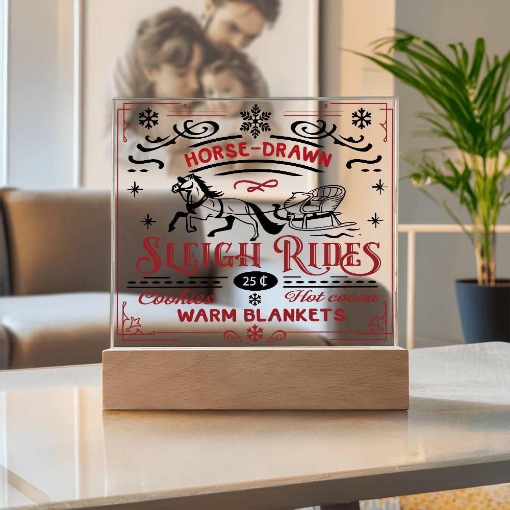 Christmas Horse Drawn Sleigh Rides Acrylic Square Plaque with LED Wooden Base - Mallard Moon Gift Shop
