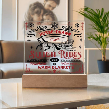 Christmas Horse Drawn Sleigh Rides Acrylic Square Plaque with LED Wooden Base - Mallard Moon Gift Shop