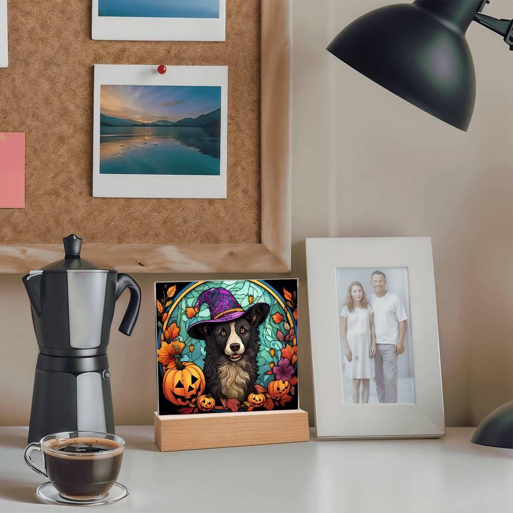 Dog Halloween Portrait Stained Glass Acrylic Plaque with LED Lighted Wooden Base - Mallard Moon Gift Shop