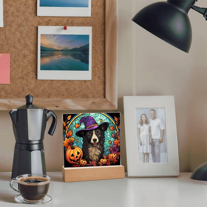 Dog Halloween Portrait Stained Glass Acrylic Plaque with LED Lighted Wooden Base - Mallard Moon Gift Shop