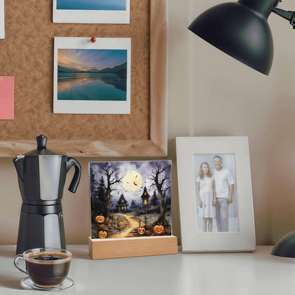 Halloween Haunt: Detailed Mansion Acrylic Plaque with LED Lighted Wooden Base - Mallard Moon Gift Shop