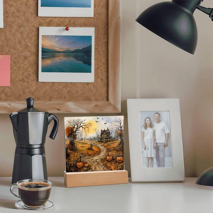 Haunted Elegance: Spooky Halloween Mansion Acrylic Square Plaque with LED Lighted Wooden Base - Mallard Moon Gift Shop