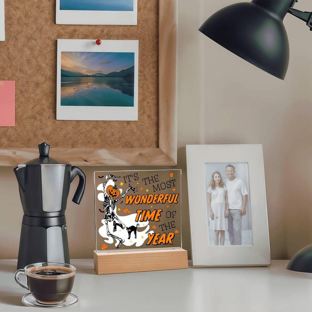 Halloween Decor - The Most Wonderful Time of the Year Acrylic Square Plaque with LED Wooden Base - Mallard Moon Gift Shop