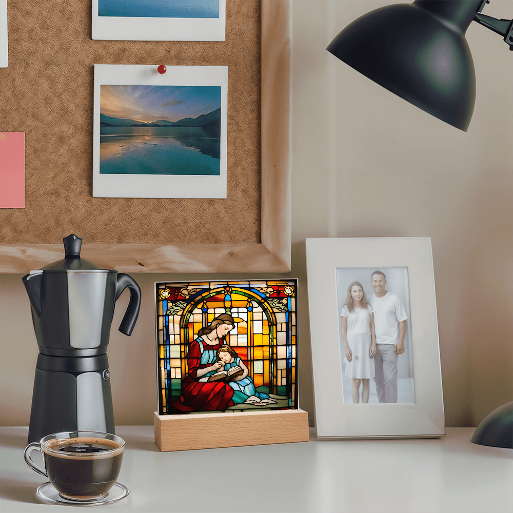 Mother and Child Reading Together Stained-Glass Style LED Acrylic Plaque – A Heartfelt Gift for Moms and Book-Loving Families - Mallard Moon Gift Shop