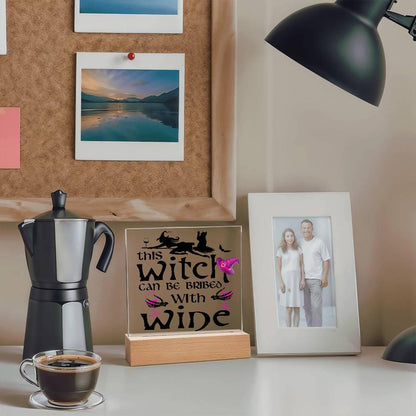 This Witch Can Be Bribed With Wine Halloween Acrylic Square Plaque with LED Wooden Base - Mallard Moon Gift Shop