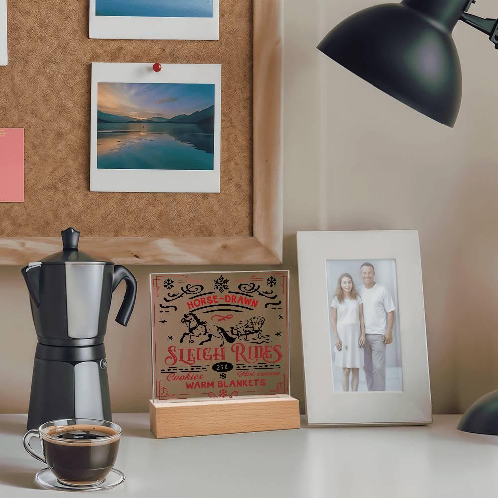 Christmas Horse Drawn Sleigh Rides Acrylic Square Plaque with LED Wooden Base - Mallard Moon Gift Shop