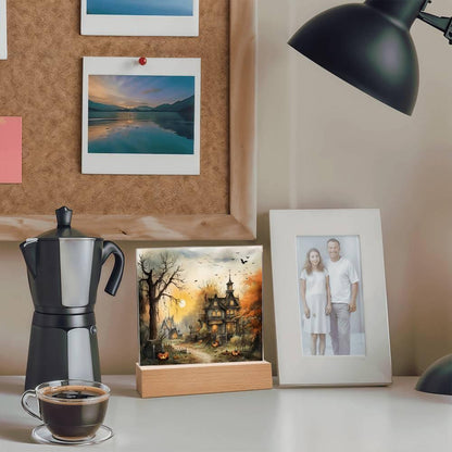 Spectral Spire: Spooky Halloween Mansion Acrylic Square Plaque with LED Lighted Wooden Base - Mallard Moon Gift Shop