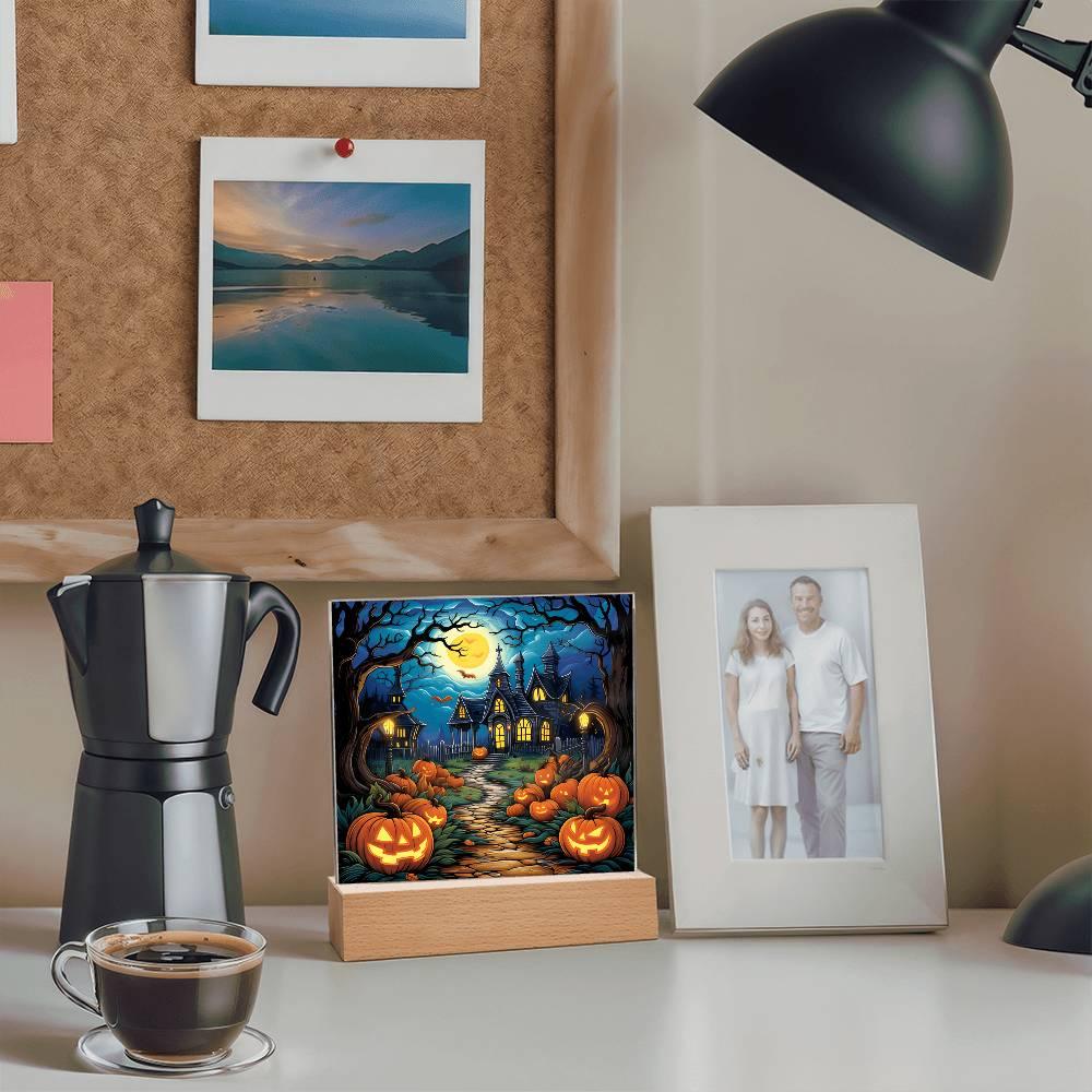 Halloween Decor Haunted Mansion Acrylic Square Plaque with LED Wooden Base - Mallard Moon Gift Shop