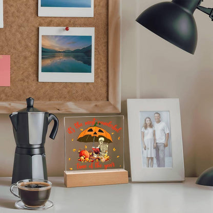 Halloween Decor - Most Wonderful Time of The Year Acrylic Square Plaque with LED Wooden Base - Mallard Moon Gift Shop