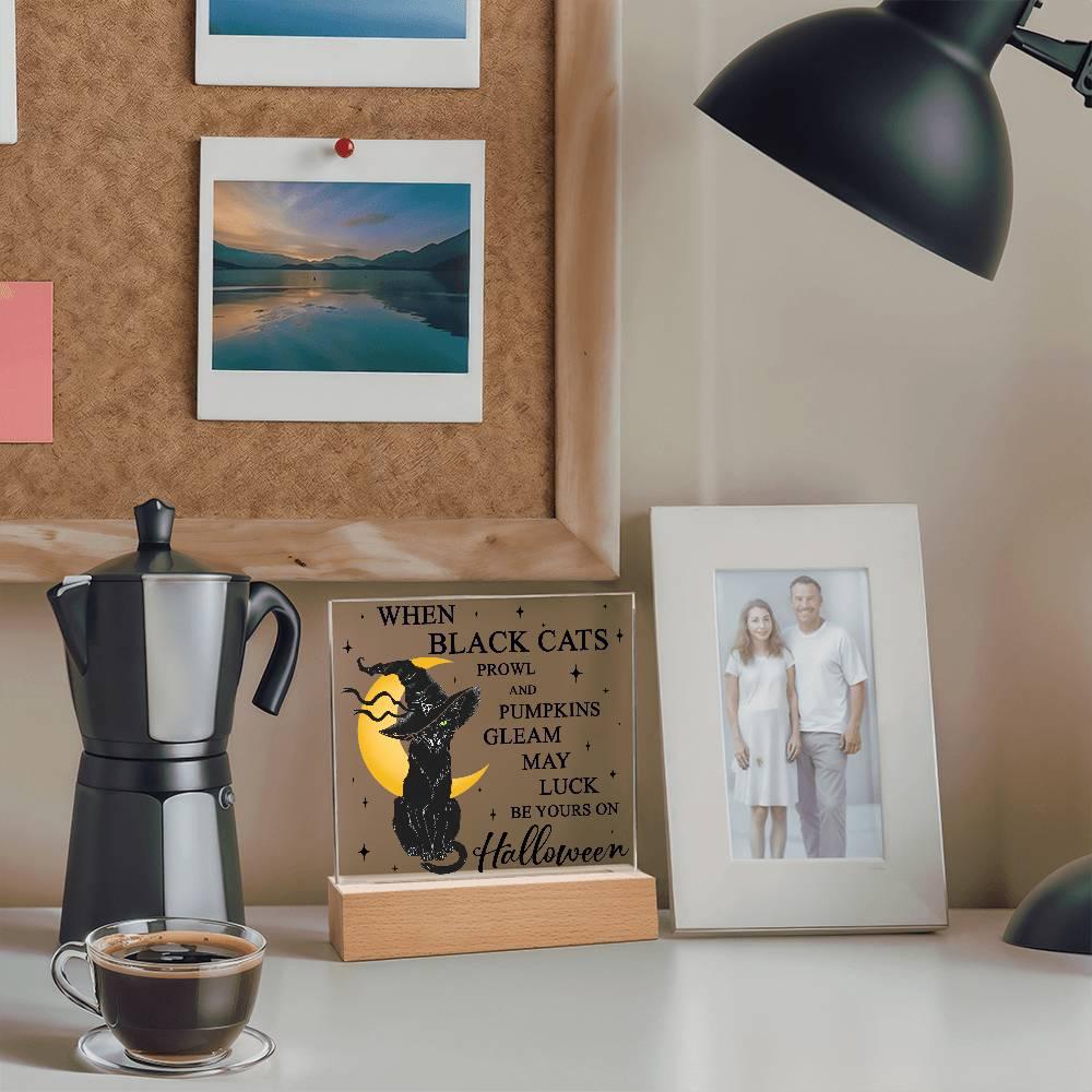 Halloween Decor - Black Cats and Pumpkins Gleam Acrylic Square Plaque with LED Wooden Base - Mallard Moon Gift Shop