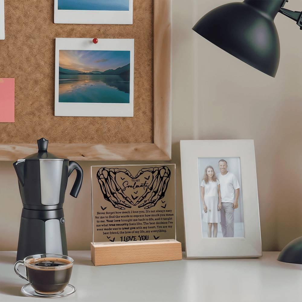 Soulmate - True Security - Halloween Acrylic Square Plaque with LED Lighted Wooden Base - Mallard Moon Gift Shop