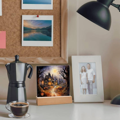 Ghostly Manor: Halloween Acrylic Square Plaque with LED Lighted Wooden Base - Mallard Moon Gift Shop