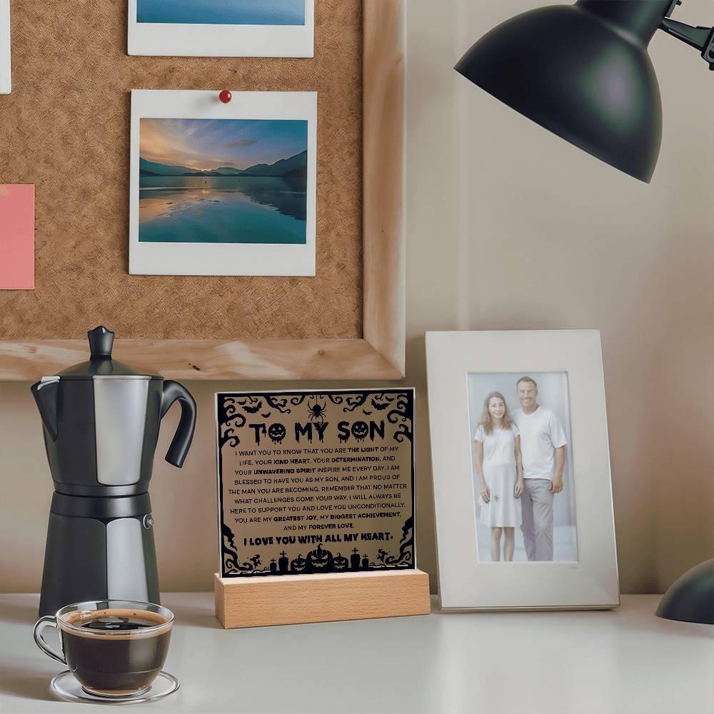 Son - Proudest Achievement - Halloween Acrylic Square Plaque with LED Wooden Base - Mallard Moon Gift Shop