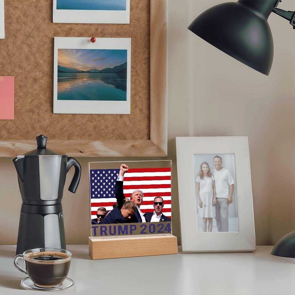 Trump 2024 Butler Rally Acrylic Plaque with LED Lighted Wooden Base - Mallard Moon Gift Shop