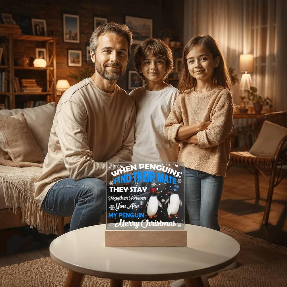 When Penguins Find their Mate They Stay Together Forever Acrylic Plaque with Lighted LED Wooden Base - Mallard Moon Gift Shop