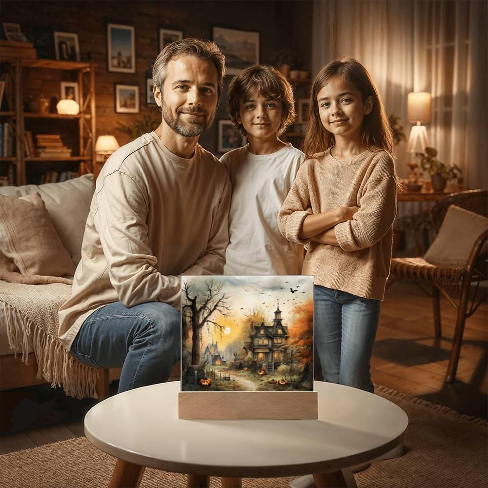 Spectral Spire: Spooky Halloween Mansion Acrylic Square Plaque with LED Lighted Wooden Base - Mallard Moon Gift Shop