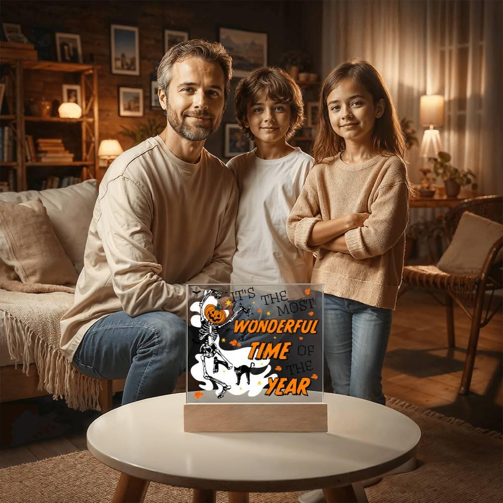 Halloween Decor - The Most Wonderful Time of the Year Acrylic Square Plaque with LED Wooden Base - Mallard Moon Gift Shop