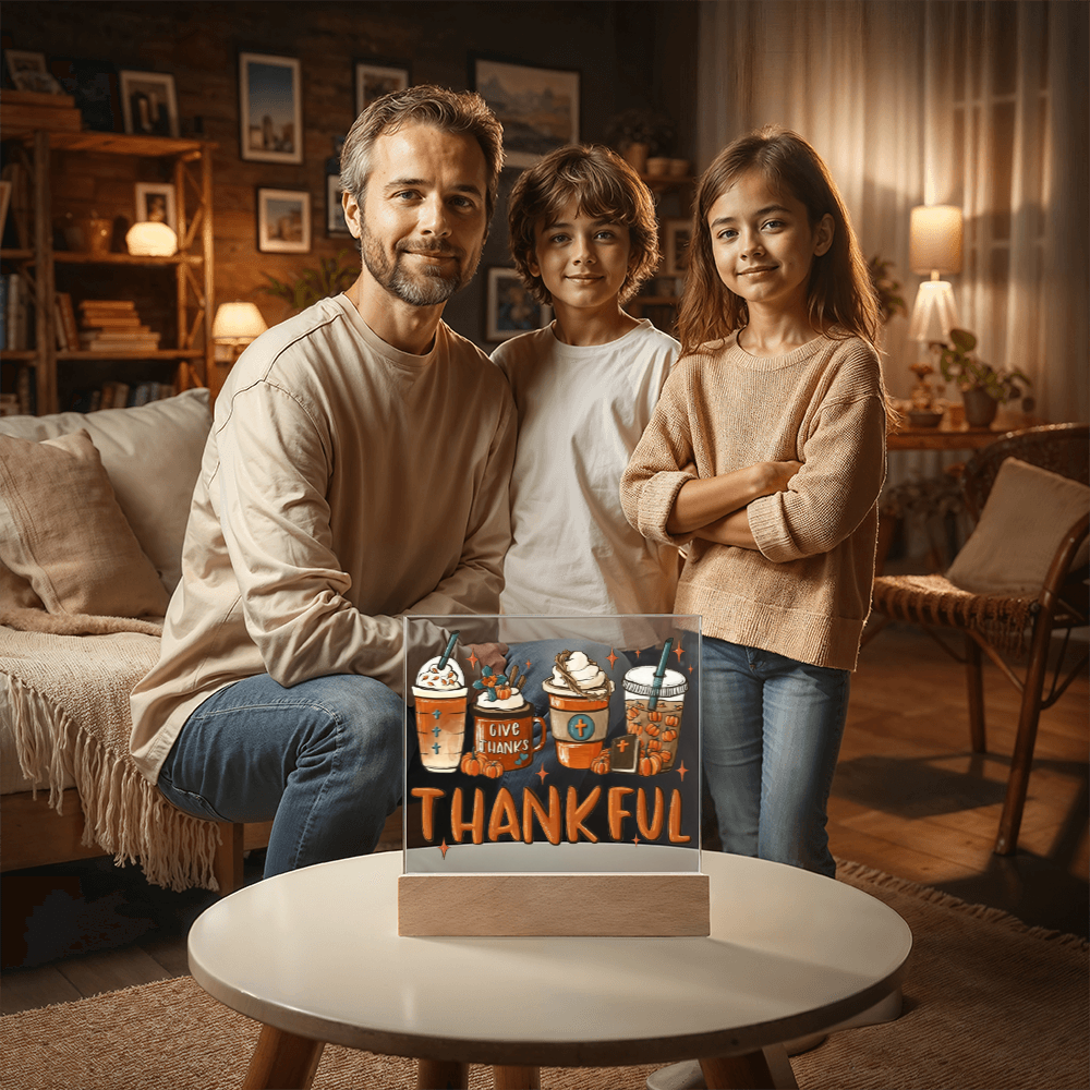 Thankful Coffee Acrylic Plaque – Cozy Fall Décor Gift for Coffee Lovers | “Give Thanks” Autumn LED Light Display
