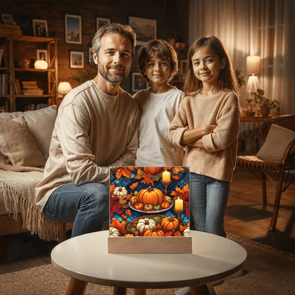 Stained Glass Pumpkin & Candle Acrylic Plaque – Thanksgiving Harvest Centerpiece | Fall Home Décor with LED Light Base