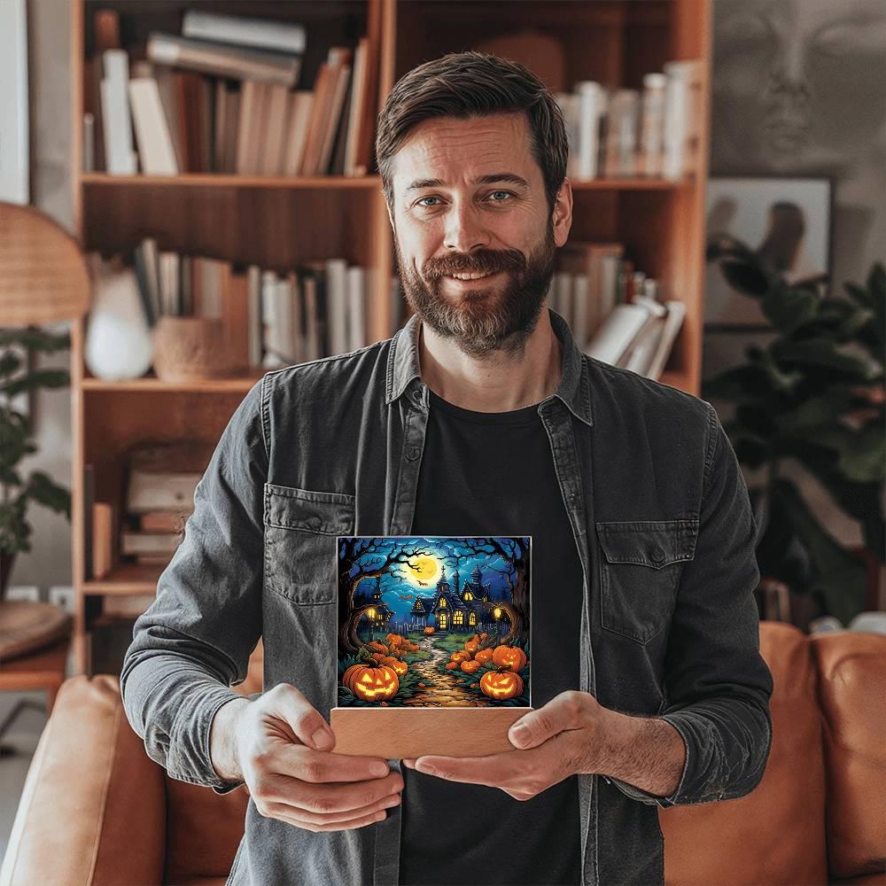 Halloween Decor Haunted Mansion Acrylic Square Plaque with LED Wooden Base - Mallard Moon Gift Shop