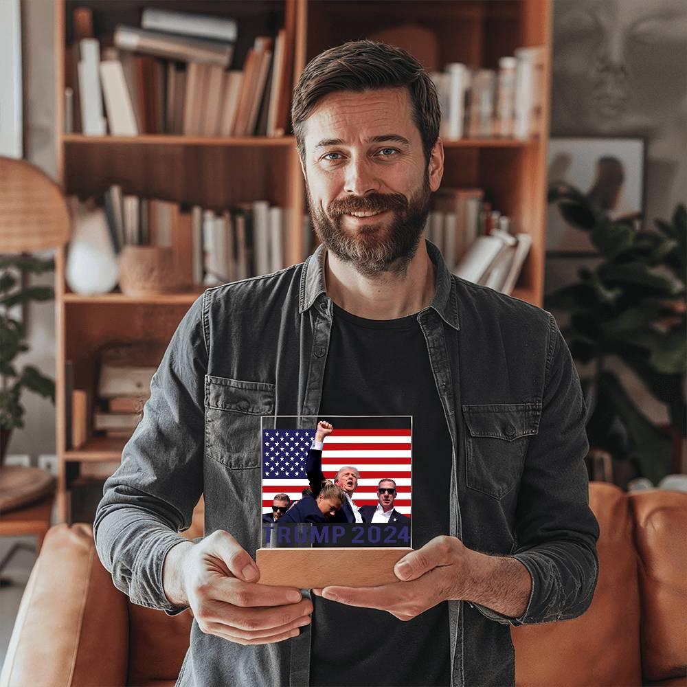 Trump 2024 Butler Rally Acrylic Plaque with LED Lighted Wooden Base - Mallard Moon Gift Shop