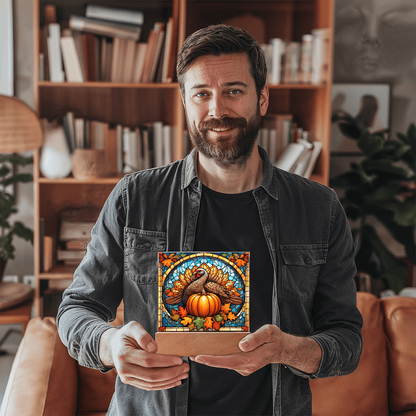 Thanksgiving Stained Glass Turkey Acrylic Plaque – Elegant Fall Home Decor with LED Light Base | Autumn Window Art Inspired Gift