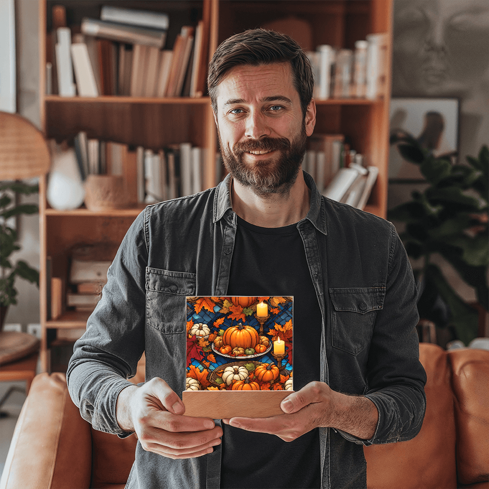 Stained Glass Pumpkin & Candle Acrylic Plaque – Thanksgiving Harvest Centerpiece | Fall Home Décor with LED Light Base