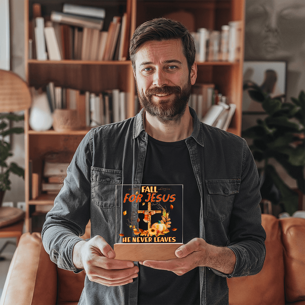 Fall for Jesus Acrylic Plaque – Christian Fall Décor with Cross and Pumpkins | Faith-Based LED Light Display Gift