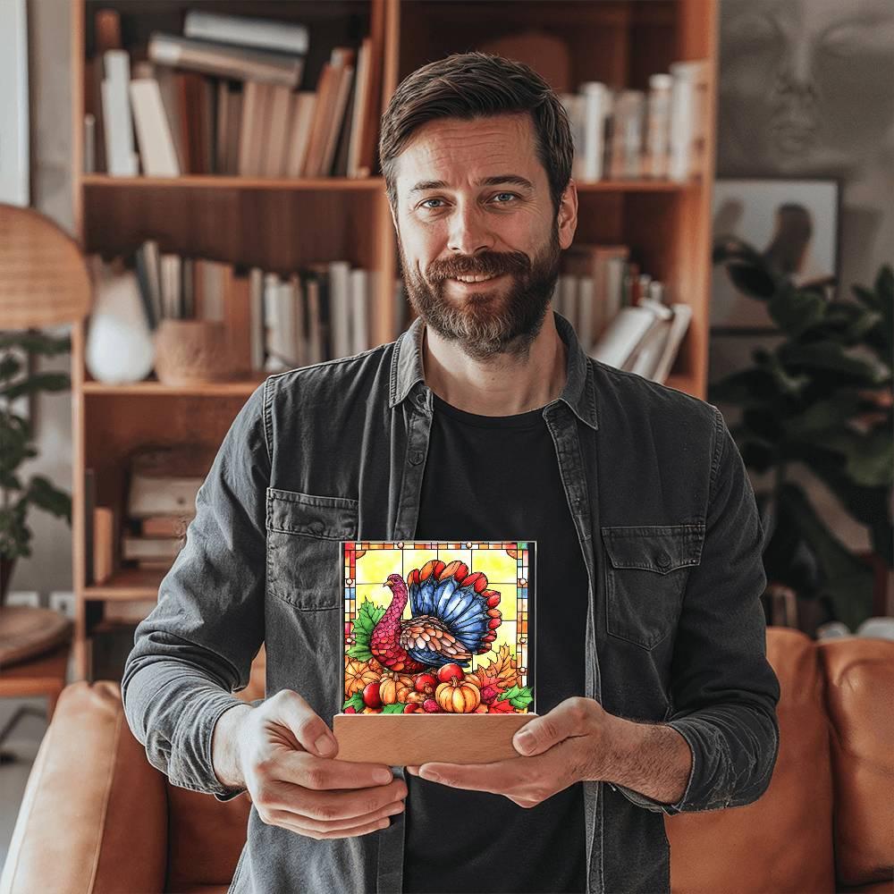 Thanksgiving Turkey Stained-glass Acrylic Square LED Lighted Wooden Base - Mallard Moon Gift Shop