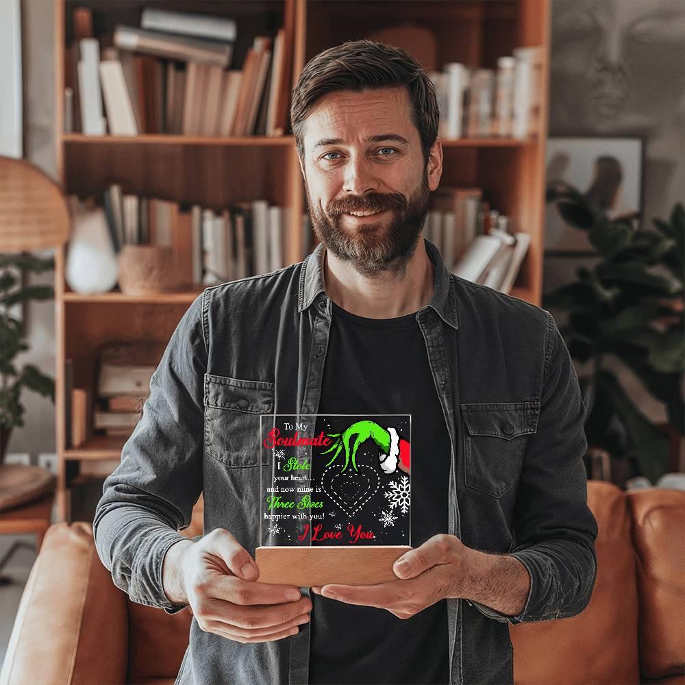 Soulmate Gift - Stole My Heart - Christmas Acrylic Plaque with Lighted LED wooden Base - Mallard Moon Gift Shop