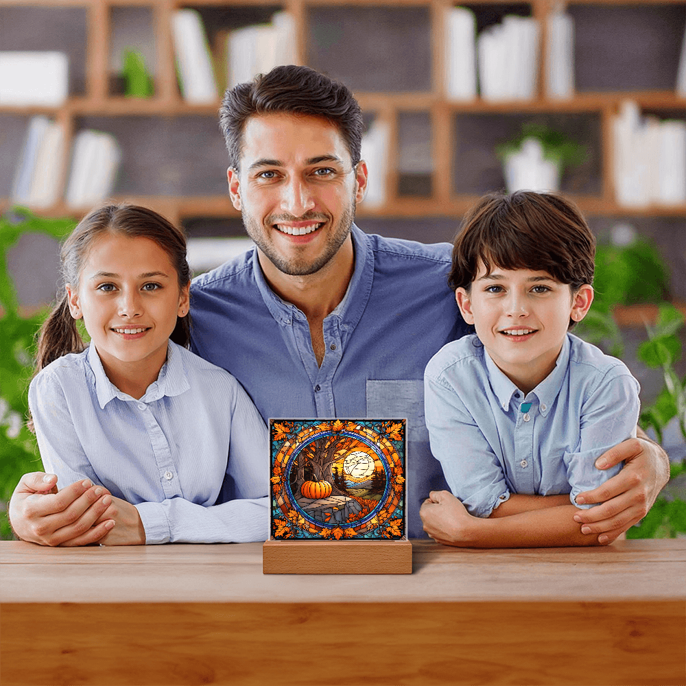 Stained Glass Autumn Pumpkin Sunset Acrylic Plaque – Fall Harvest Home Decor with LED Light Base | Thanksgiving Window Art Accent