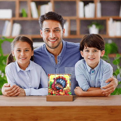 Thanksgiving Turkey Stained-glass Acrylic Square LED Lighted Wooden Base - Mallard Moon Gift Shop