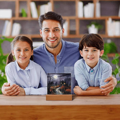 Bewitched Abode: The Ultimate Halloween Mansion Acrylic Plaque with Lighted LED Wooden Base - Mallard Moon Gift Shop