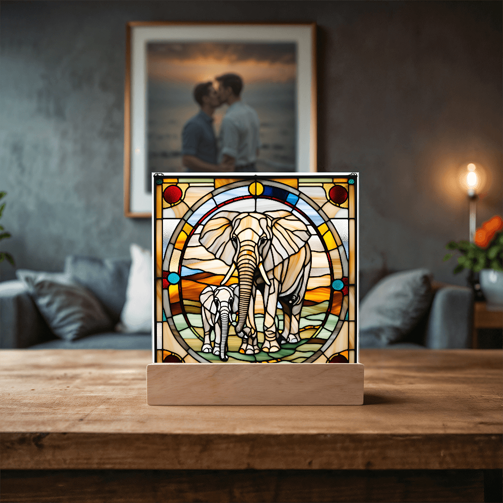 Elephant Mother and Baby Calf - Stained Glass Style LED Acrylic Plaque – A Symbol of Strength, Love, and Family - Mallard Moon Gift Shop