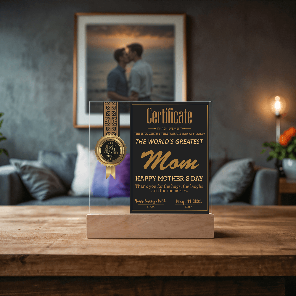 World's Greatest Mom Certificate LED Acrylic Plaque – Personalized Best Mom Award 2025 Mother's Day Gift - Mallard Moon Gift Shop