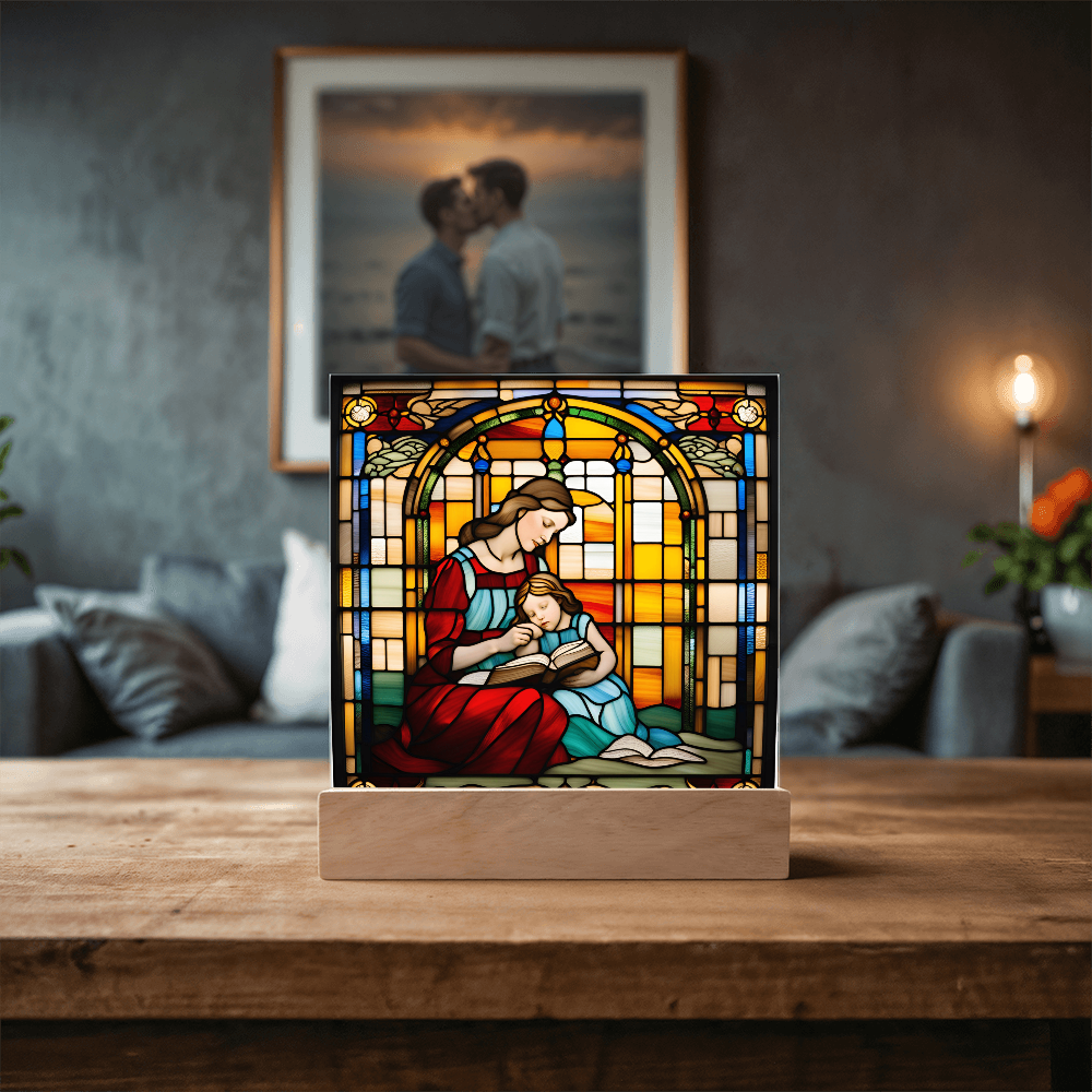 Mother and Child Reading Together Stained-Glass Style LED Acrylic Plaque – A Heartfelt Gift for Moms and Book-Loving Families - Mallard Moon Gift Shop