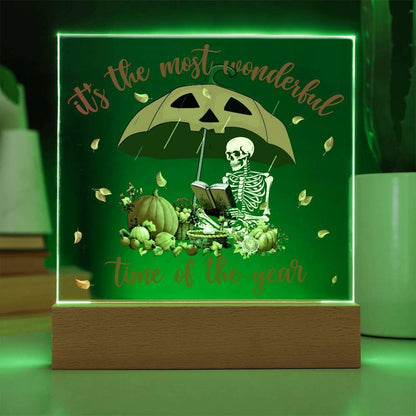 Halloween Decor - Most Wonderful Time of The Year Acrylic Square Plaque with LED Wooden Base - Mallard Moon Gift Shop