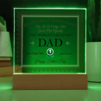 Gift For Dad Certificate of Achievement World's Greatest Dad Custom Acrylic Plaque - Mallard Moon Gift Shop