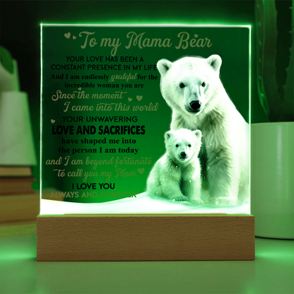 To My Mama Bear Acrylic Plaque – Polar Bear LED Light Gift | Heartfelt “Always and Forever” Keepsake for Mom