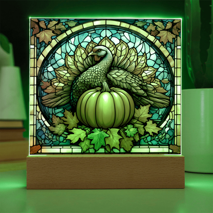Thanksgiving Stained Glass Turkey Acrylic Plaque – Elegant Fall Home Decor with LED Light Base | Autumn Window Art Inspired Gift