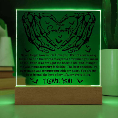 Soulmate - True Security - Halloween Acrylic Square Plaque with LED Lighted Wooden Base - Mallard Moon Gift Shop