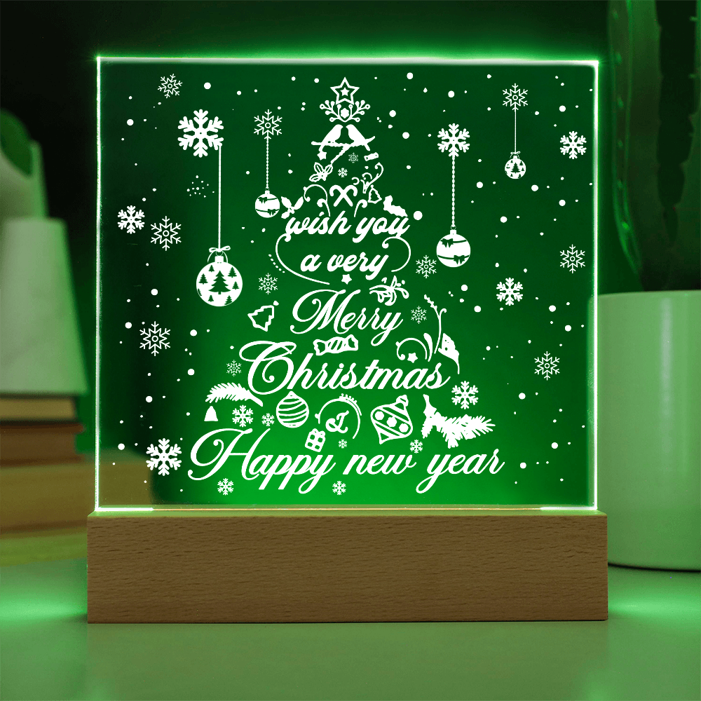 Merry Christmas & Happy New Year Acrylic Plaque – Elegant Holiday LED Light Décor | Festive Tree Design Gift