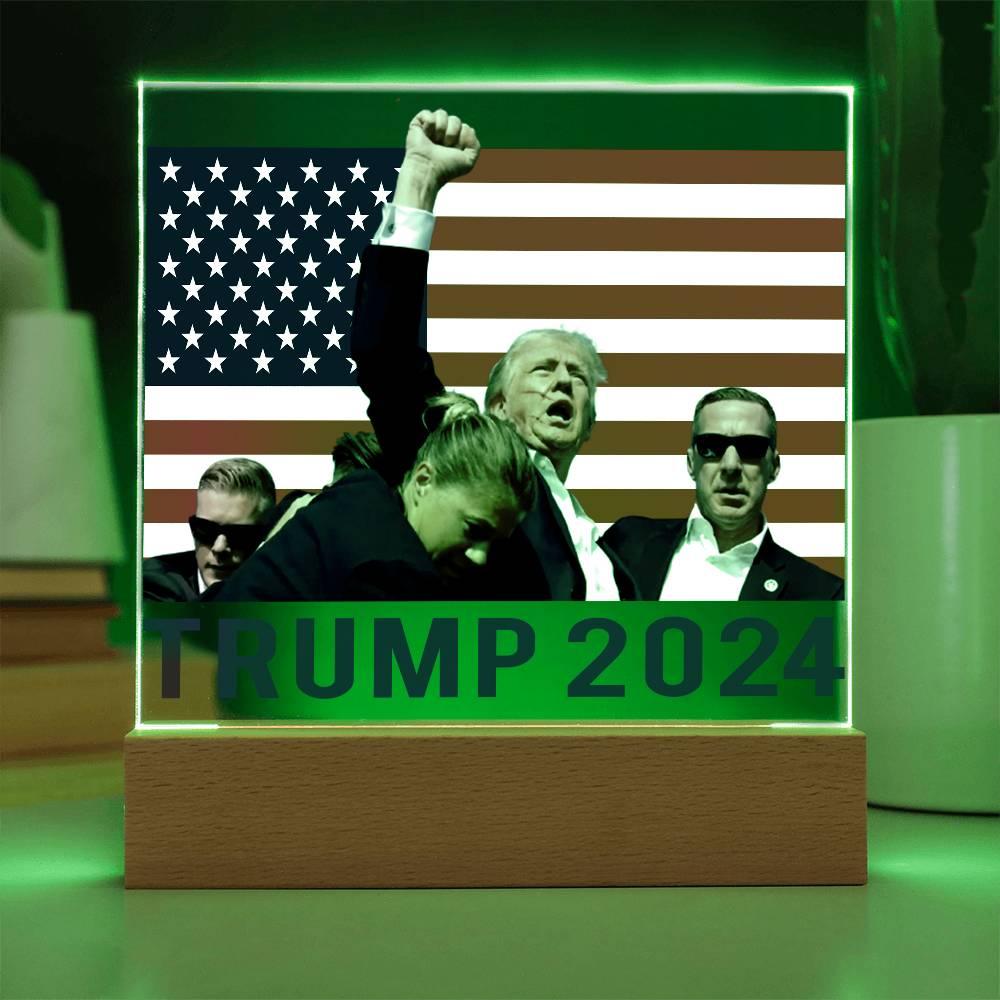 Trump 2024 Butler Rally Acrylic Plaque with LED Lighted Wooden Base - Mallard Moon Gift Shop