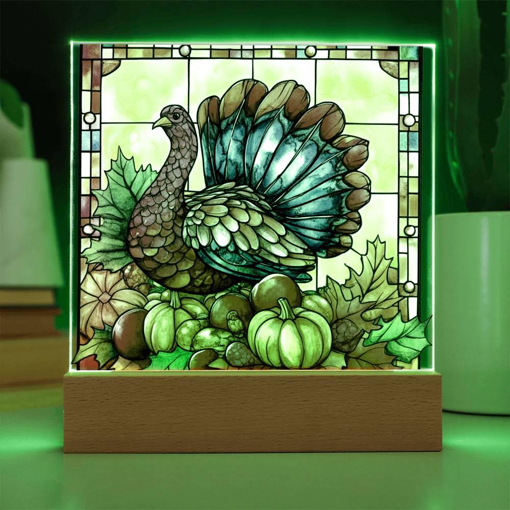 Thanksgiving Turkey Stained-glass Acrylic Square LED Lighted Wooden Base - Mallard Moon Gift Shop