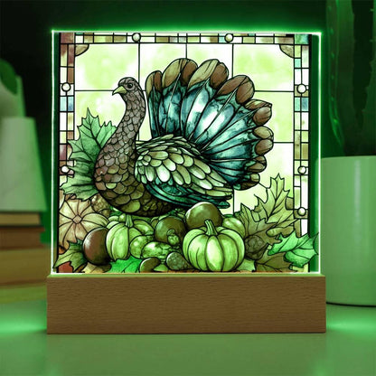 Thanksgiving Turkey Stained-glass Acrylic Square LED Lighted Wooden Base - Mallard Moon Gift Shop