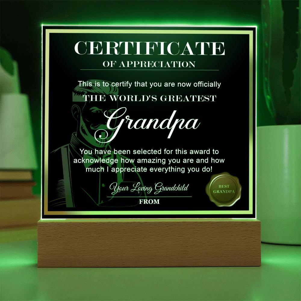 Certificate of Appreciation - The World's Greatest Grandpa Personalized Acrylic Plaque - Mallard Moon Gift Shop