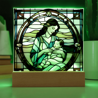 Brunette Mother and Baby - Stained Glass Style LED Acrylic Plaque – A Cherished Gift for Mother's Day or New Moms - Mallard Moon Gift Shop