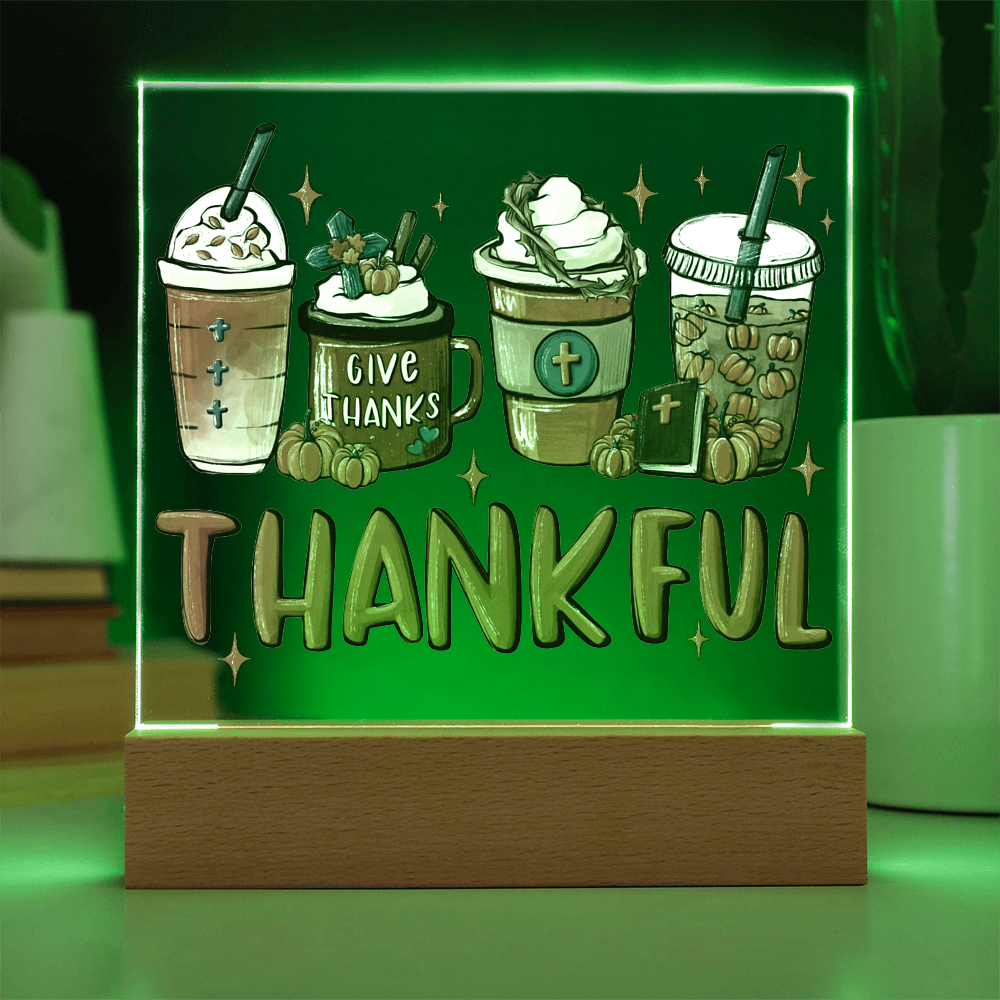 Thankful Coffee Acrylic Plaque – Cozy Fall Décor Gift for Coffee Lovers | “Give Thanks” Autumn LED Light Display